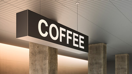 Coffee board hanging from ceiling. Coffee sign outside cafe or restaurant. Black horizontal rectangular coffee signage with a modern font hanging from the ceiling in a business center. 3D render. - 327954108