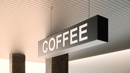 Coffee board hanging from ceiling. Coffee sign outside cafe or restaurant. Black horizontal rectangular coffee signage with a modern font hanging from the ceiling in a shopping mall. 3D render.