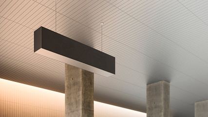 Empty black signage mockup hanging from ceiling. Blank ceiling direction sign. Horizontal rectangular blank billboard at railway station, public commercial, ready for new advertisement. 3D render