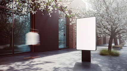 Blank billboard with copy space for your text message or content. Public information board in a city with a moving person on the background.  Advertising mock up banner in urban setting. 3D render. © JKstock