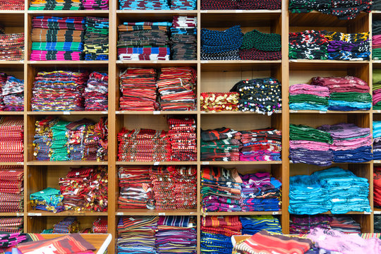 Scarf (yazma, kesan) in different color in shelf in a souvenir shop in black sea region, Turkey
