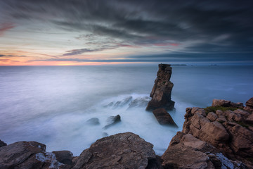 Nau dos Corvos rock in Peniche, Portugal, at blue hour