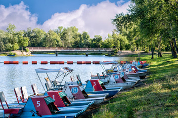 Fototapeta na wymiar Many catamarans on the bank of the river, lake, sea on summer bright day under blue sky.