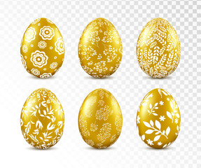 Gold easter egg with floral pattern isolated on transparent background. Vector illustration.
