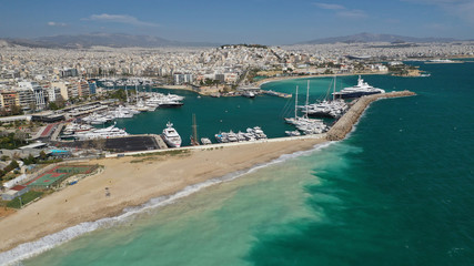 Aerial drone photo of famous area of Zea or Passalimani near main port of Piraeus, Attica, Greece