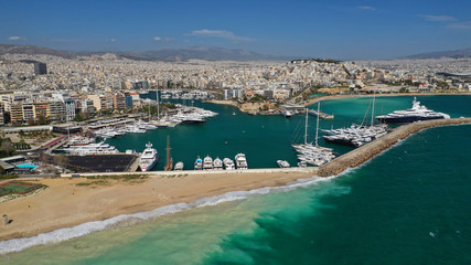 Fototapeta na wymiar Aerial drone photo of famous area of Zea or Passalimani near main port of Piraeus, Attica, Greece