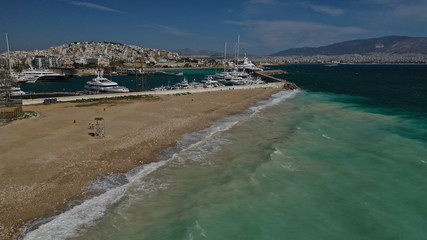 Aerial drone photo of famous area of Zea or Passalimani near main port of Piraeus, Attica, Greece