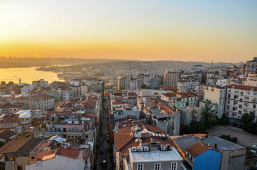 View to the urban part of the Old Town city and the Golden Horn from the Galata Tower in the evening. Attractions Istanbul, Turkey 