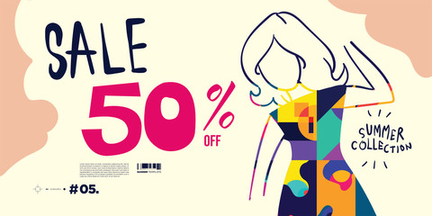 Obraz premium Vector illustration colourful women fashion summer sales banner discount 50% off. Summer design fashion collection. 