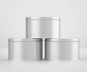 White Round Tin Can Mockup, Blank food Container, 3d Rendering isolated on light gray background, Ready for your design