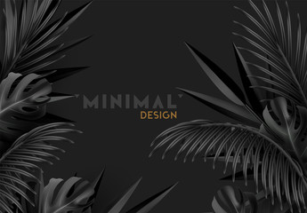 Tropical background with palm leaves in black color realistic 3d. Modern Minimal Design. vector illustration