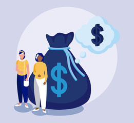 Corporate businesswomen with money bag and bubble vector design