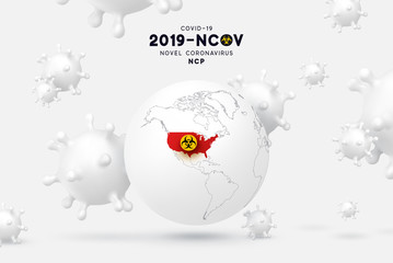 Novel Coronavirus (2019-nCoV). China pathogen respiratory coronavirus 2019-nCoV originating. USA map infographics. Virus Covid 19-NCP. nCoV denoted is single-stranded RNA virus.