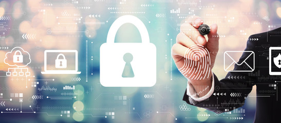 Internet network security concept with businessman on blurred abstract background