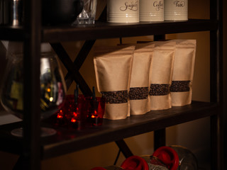 craft packaging with coffee beans in a loft interior