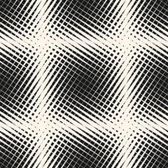 Vector halftone geometric seamless pattern with crossing diagonal lines, different thickness stripes, grid, mesh. Black and white texture with gradient transition effect. Abstract graphic background