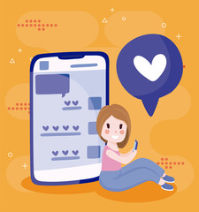 girl cartoon with smartphone and heart bubble vector design