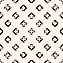 Simple vector geometric seamless pattern with diamond shapes, stars, linear rhombuses. Subtle minimal black and white background. Abstract minimalist monochrome texture. Repeat design for decor, print