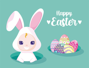 Happy easter girl with rabbit costume and eggs vector design