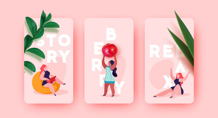 Set cover of social media stories design templates. Relax Girls Backgrounds. Vertical poster, entertainment leisure banner. Vector illustration