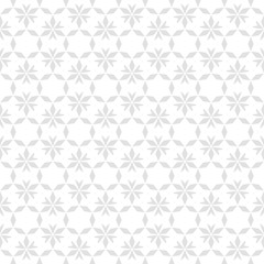 Vector geometric floral seamless pattern. Elegant ornamental background in gray and white color. Subtle texture with small flower shapes, leaves, grid, net. Minimal repeat design for decor, wallpapers
