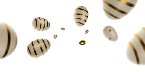 Easter golden shine decorated eggs falling on white background. Greeting card trendy design.