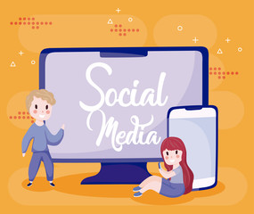 girl and boy cartoon with smartphone and computer vector design