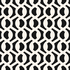 Vector abstract geometric monochrome seamless pattern with curved shapes, wavy lines, mesh, net, grid, lattice, weaving, tissues. Simple black and white background texture. Repeated minimal design