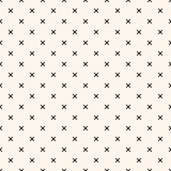 Vector minimalist geometric seamless pattern with small squares, crosses, tiny flower shapes, dots. Simple minimal black and white texture. Pixel art background. Monochrome repeated decorative design