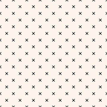 Vector minimalist geometric seamless pattern with small squares, crosses, tiny flower shapes, dots. Simple minimal black and white texture. Pixel art background. Monochrome repeated decorative design