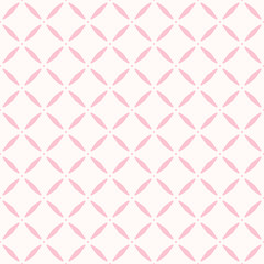 Diamond grid pattern. Vector abstract geometric seamless texture. Subtle background in pink and white color. Delicate geometric ornament with small diamonds, rhombuses, net, repeat tiles. Cute design