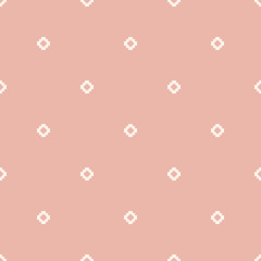 Subtle vector minimalist floral geometric seamless pattern. Simple texture with small crosses, squares, flower silhouettes, dots. Pixel art background. Soft pink color. Elegant minimal repeat design
