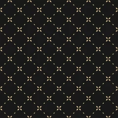Sierkussen Gouden minimale geometrische naadloze bloemenpatroon. Eenvoudige vector zwarte en gouden abstracte achtergrond met kleine bloemen, kleine kruisjes, raster, rooster. Subtiele minimalistische textuur. Donker herhaal luxe ontwerp © Olgastocker