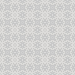 Fototapeta premium Vector abstract geometric seamless pattern. Subtle light gray ornamental texture with diamonds, floral shapes, rhombuses, grid, mesh, net, lattice. Simple ornament background. Repeat monochrome design