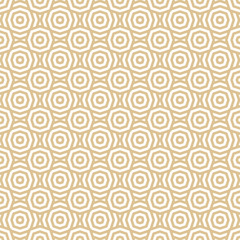 Golden vector geometric seamless pattern. Abstract texture with lines, stripes, octagon shapes, circles, grid, repeat tiles. Simple gold and white graphic background. Modern geo ornament design