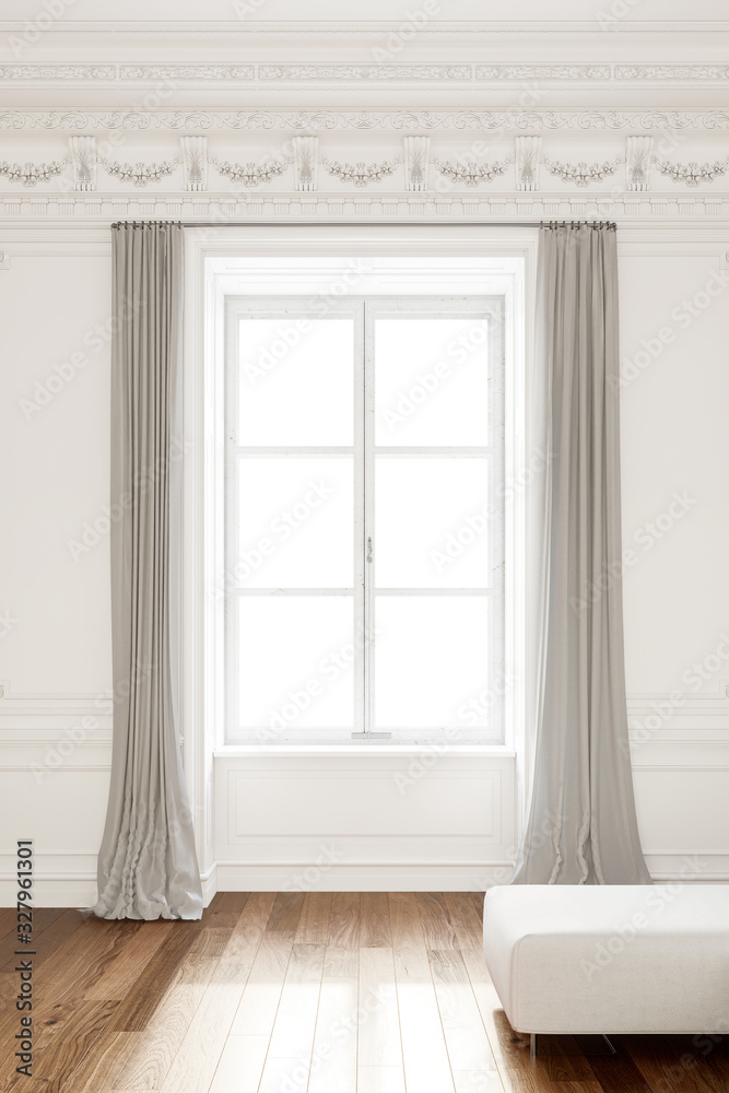 Wall mural look trough the window in classic style designed apartment with wall ornaments and nice wooden floor