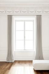 Fototapeta na wymiar Look trough the window in classic style designed apartment with wall ornaments and nice wooden floor