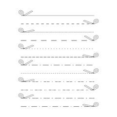 Scissors vectors with cut lines, dot, dashed lines. Dividing lines cutout. Vector