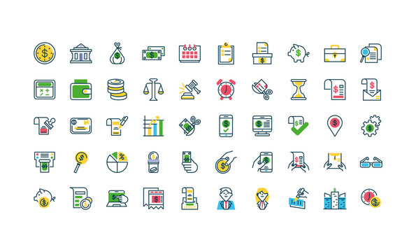 Tax day and money icons set over white background, half color style