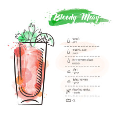 Image of a cocktail and a set of ingredients for making a drink at the bar. Watercolor sketch on a white background. Vector illustration