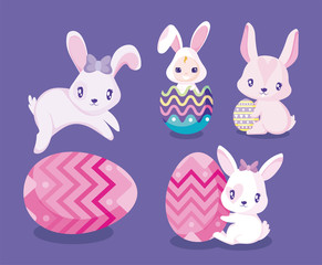 Happy easter rabbits eggs andgirl with costume vector design