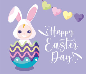 Happy easter girl with rabbit costume inside egg vector design