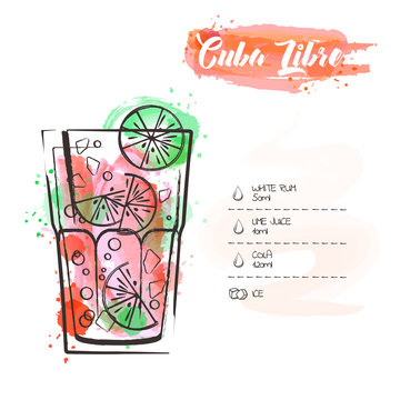 Image of a cocktail and a set of ingredients for making a drink at the bar. Watercolor sketch on a white background. Vector illustration
