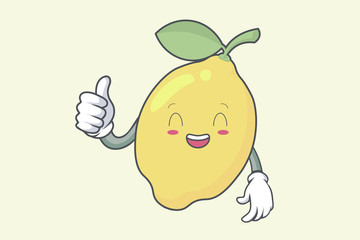 Vector Thumb Up, Okay, Okey, OK Hand Gesture. LoL, Haha, Laught face. Lemon Fruit character emoticon, emoji, expression cartoon style. Logo, Icon, Mascot Illustration art