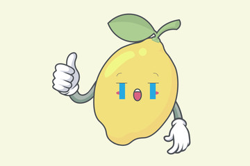 Vector Thumb Up, Okay, Okey, OK Hand Gesture. Crying, Sad, Sob face. Lemon Fruit character emoticon, emoji, expression cartoon style. Logo, Icon, Mascot Illustration art