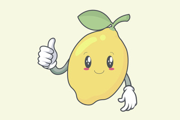 Vector Thumb Up, Okay, Okey, OK Hand Gesture.Slightly Smile face. Lemon Fruit character emoticon, emoji, expression cartoon style. Logo, Icon, Mascot Illustration art