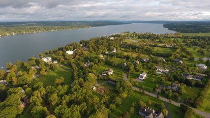 Aerial view of lakefront golf course