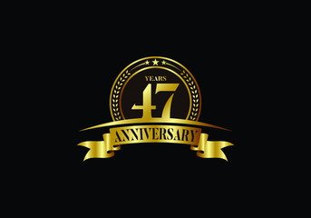 47th years anniversary logo template, vector design birthday celebration, Golden anniversary emblem with ribbon. Design for a booklet, leaflet, magazine, brochure, poster, web, invitation or greeting