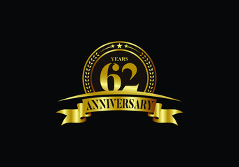 62th years anniversary logo template, vector design birthday celebration, Golden anniversary emblem with ribbon. Design for a booklet, leaflet, magazine, brochure, poster, web, invitation or greeting