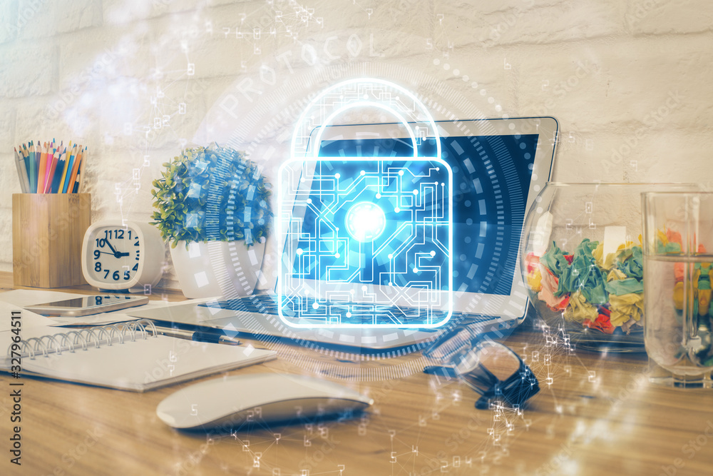 Poster Double exposure of desktop with computer and lock icon hologram. Concept of data safety.